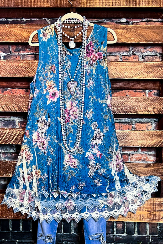 SECRET GARDENS LACE LAYERED TUNIC IN TEAL & FLORAL