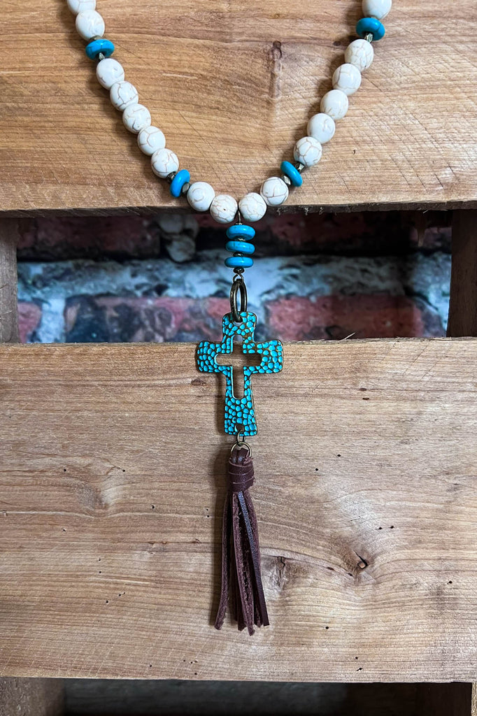 Western-Boho Patina Natural Stone Cross Necklace
