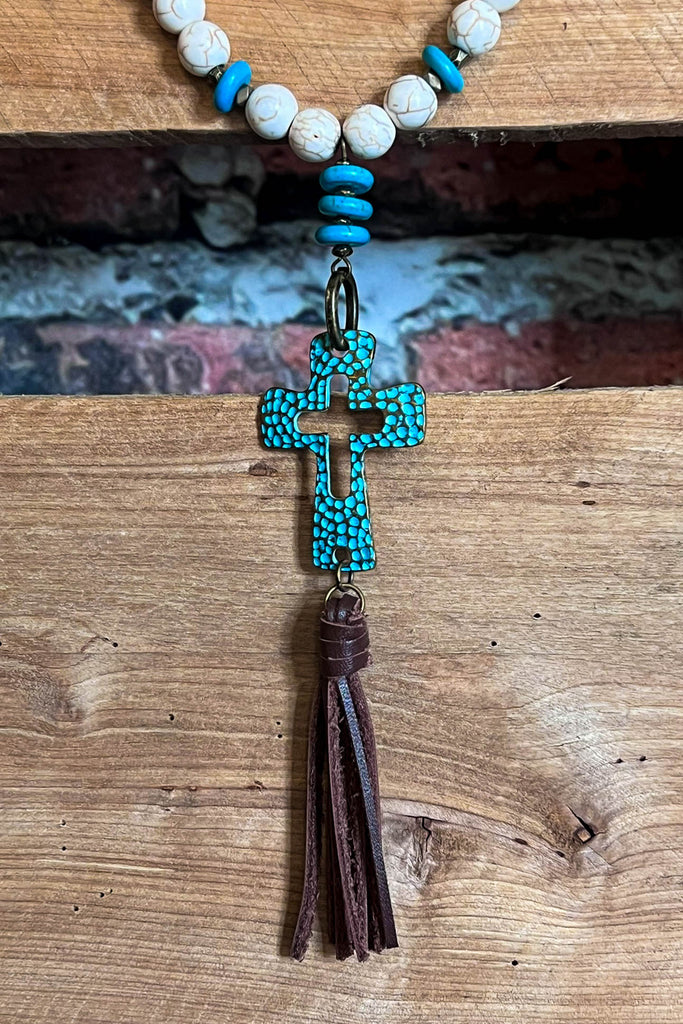 Western-Boho Patina Natural Stone Cross Necklace