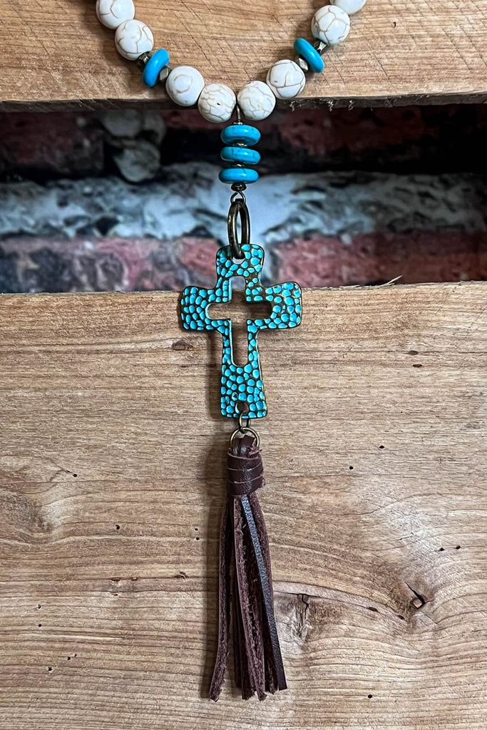 Western-Boho Patina Natural Stone Cross Necklace