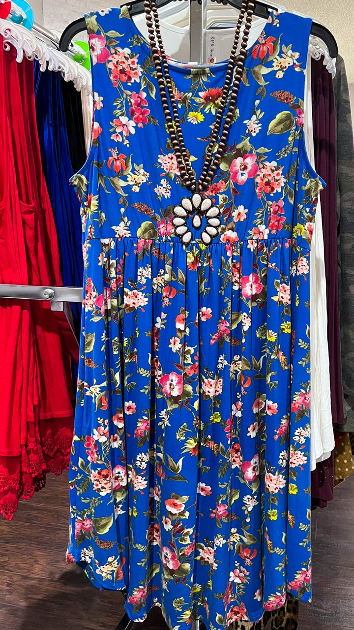 THE BRIGHTER SIDE FLORAL DRESS IN ROYAL BLUE MIX----------SALE