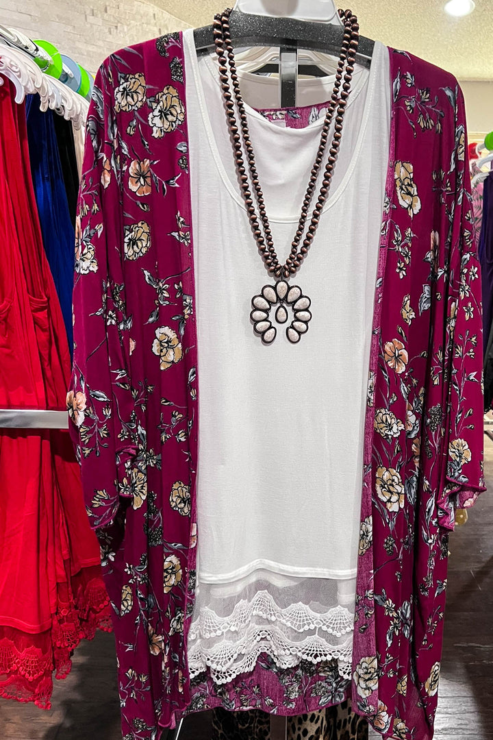 PARADISE COAST CRIMSON & FLORAL KIMONO--------SALE