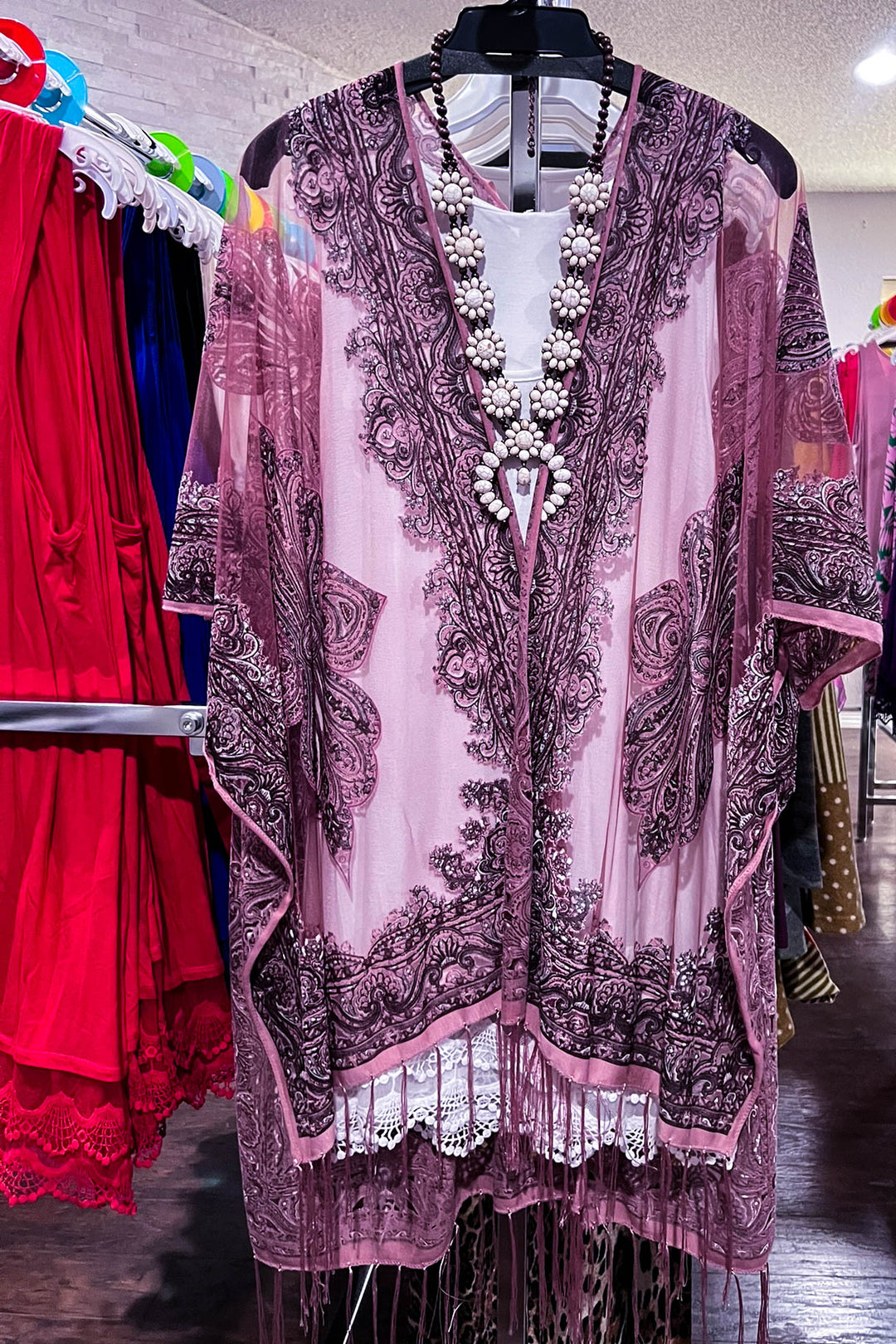 ENCHANTING WAYS VELVET & BURNOUT KIMONO IN OLD ROSE ---------SALE