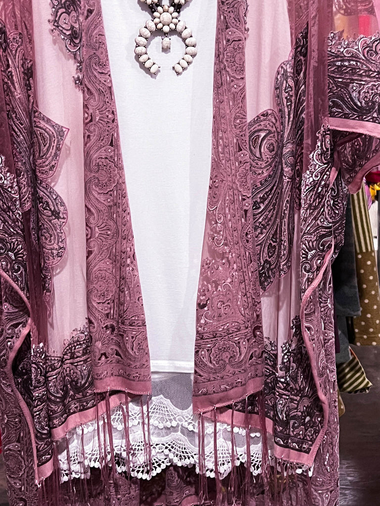 ENCHANTING WAYS VELVET & BURNOUT KIMONO IN OLD ROSE ---------SALE