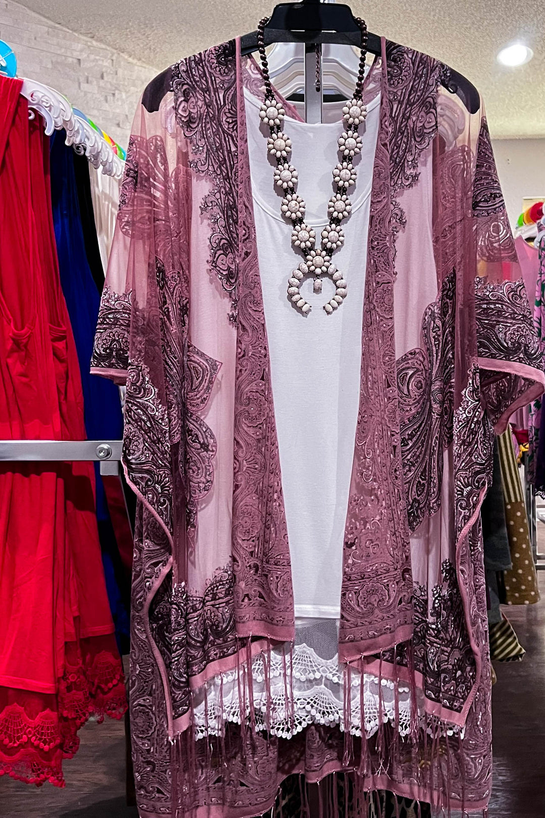 ENCHANTING WAYS VELVET & BURNOUT KIMONO IN OLD ROSE ---------SALE