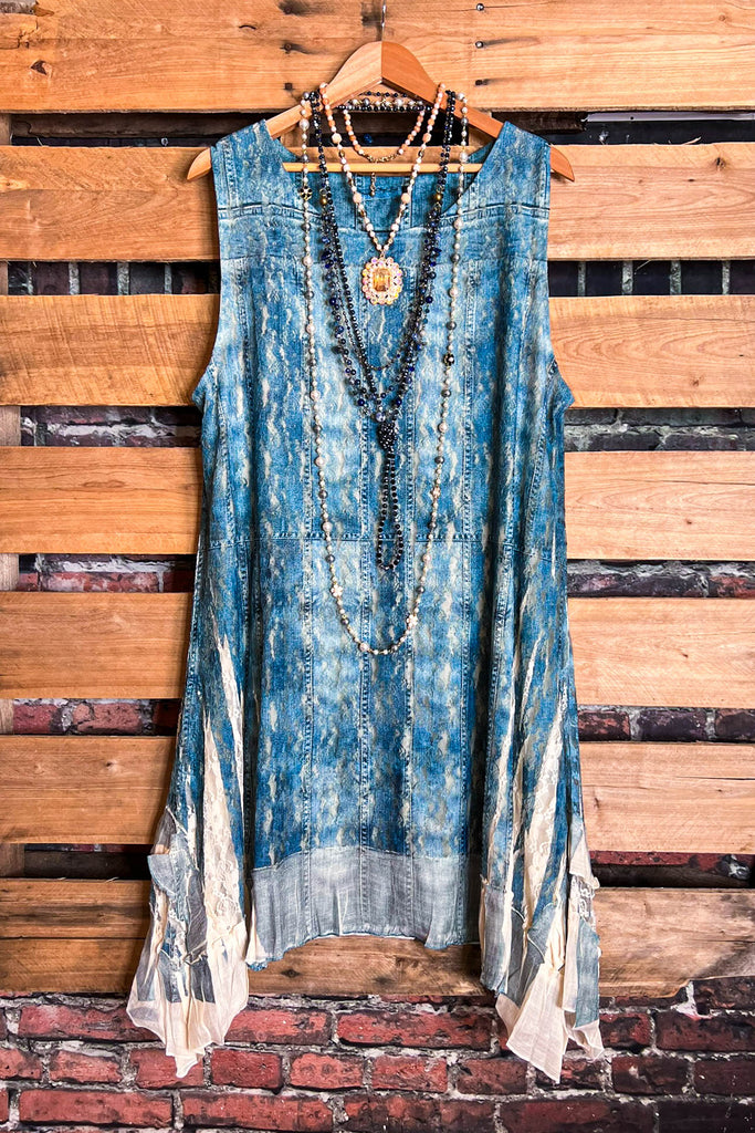 THE BEST LACE BLUE DENIM SLEEVELESS LONG TUNIC