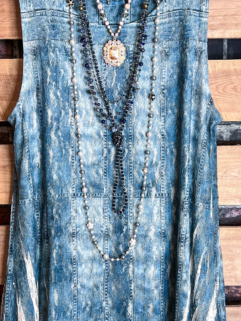 THE BEST LACE BLUE DENIM SLEEVELESS LONG TUNIC
