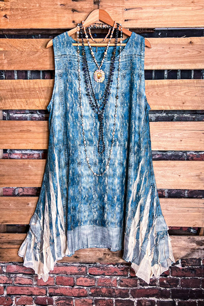 THE BEST LACE BLUE DENIM SLEEVELESS LONG TUNIC