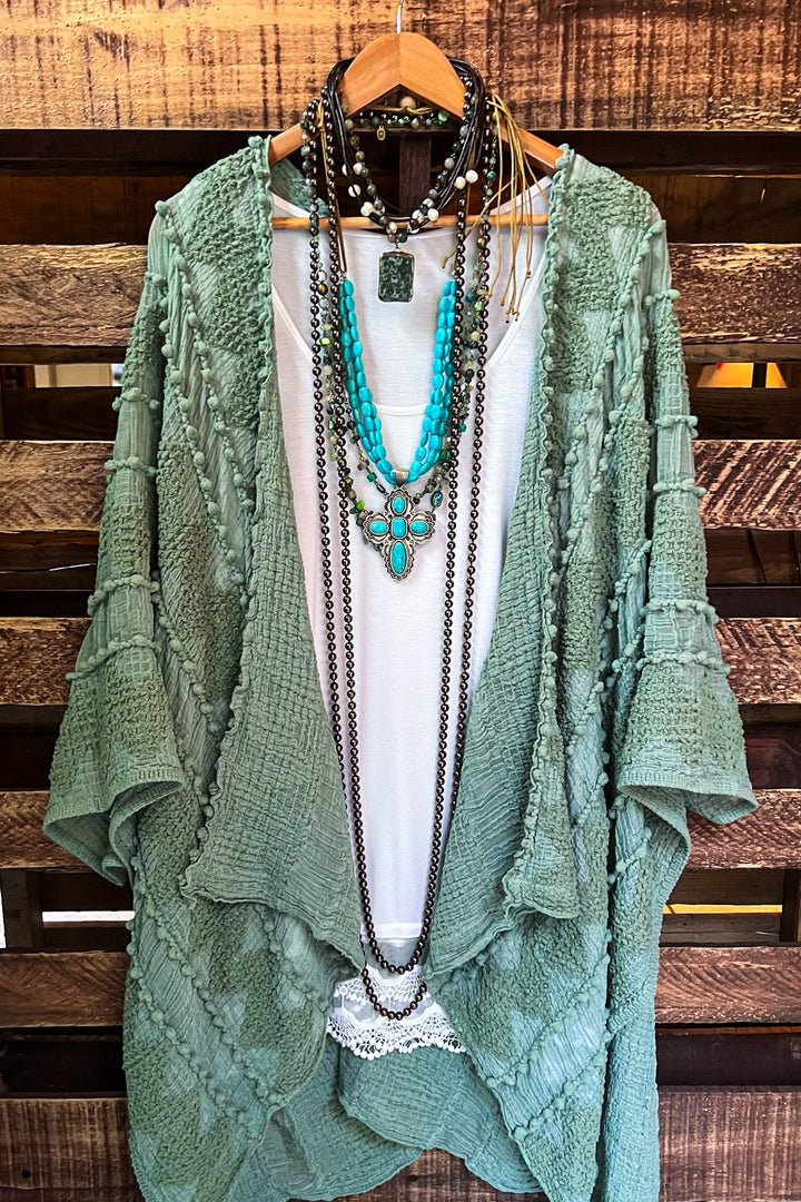 GENUINE SOUL SOFT BOHO EMBELLISHED KIMONO IN SAGE