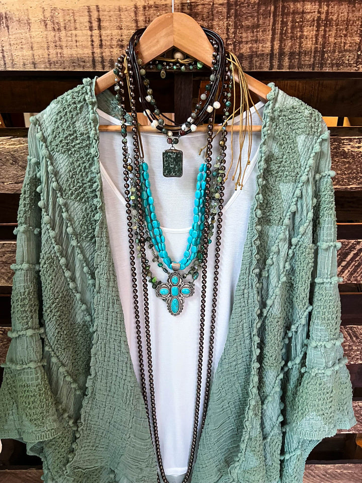 GENUINE SOUL SOFT BOHO EMBELLISHED KIMONO IN SAGE