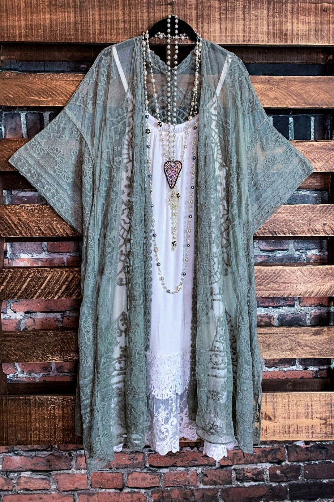 A Fabulous Heart Lace Sage Duster Kimono