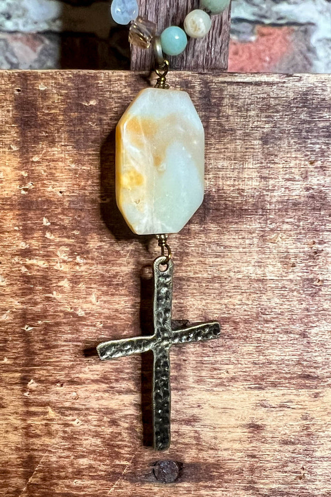 WALK BY FAITH NATURAL STONES CROSS NECKLACE AMAZONITE