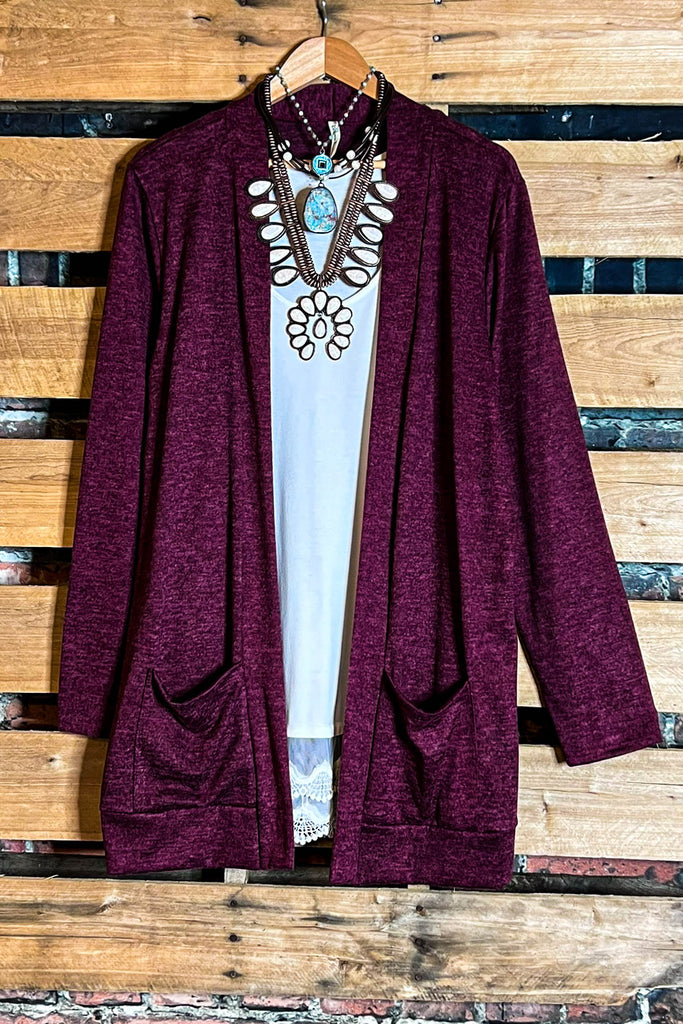 Keep Things Simple Pad Pockets Cardigan in Burgundy