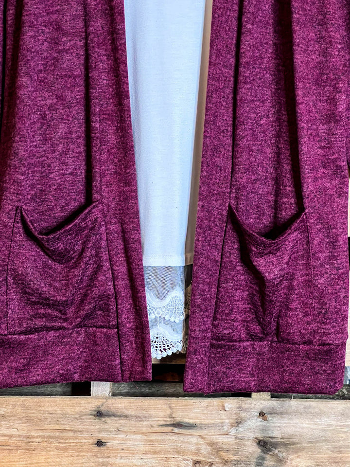Keep Things Simple Pad Pockets Cardigan in Burgundy----------Sale