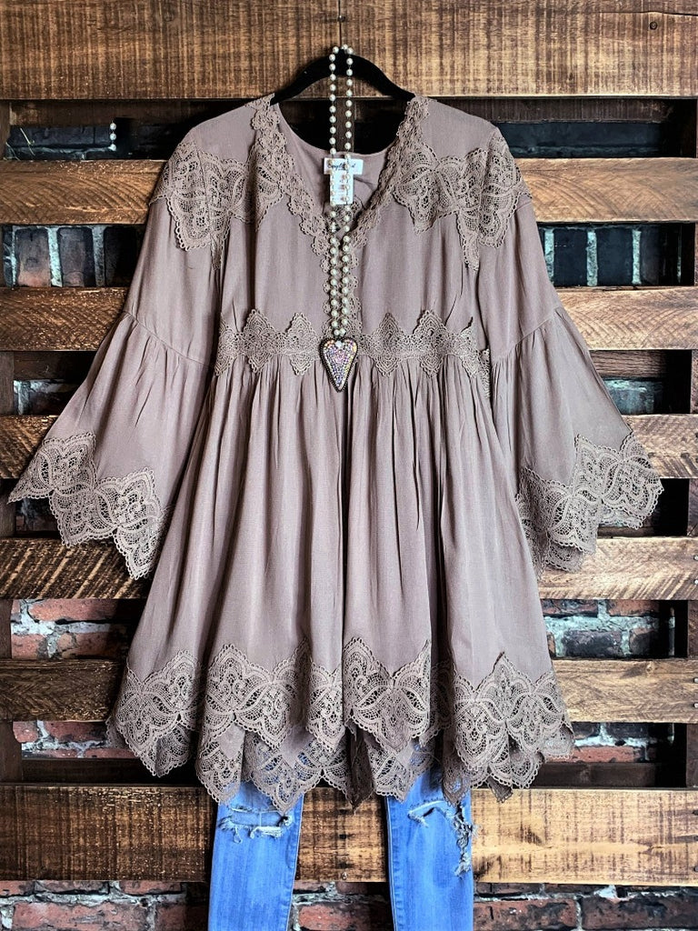 LOVE OF MY LIFE VINTAGE INSPIRED TUNIC IN MOCHA