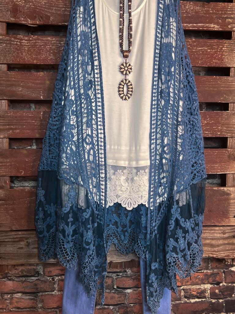 MOON DUSTY TEAL LACE & CROCHET VEST