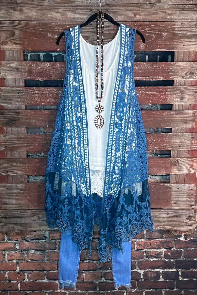 MOON DUSTY TEAL LACE & CROCHET VEST