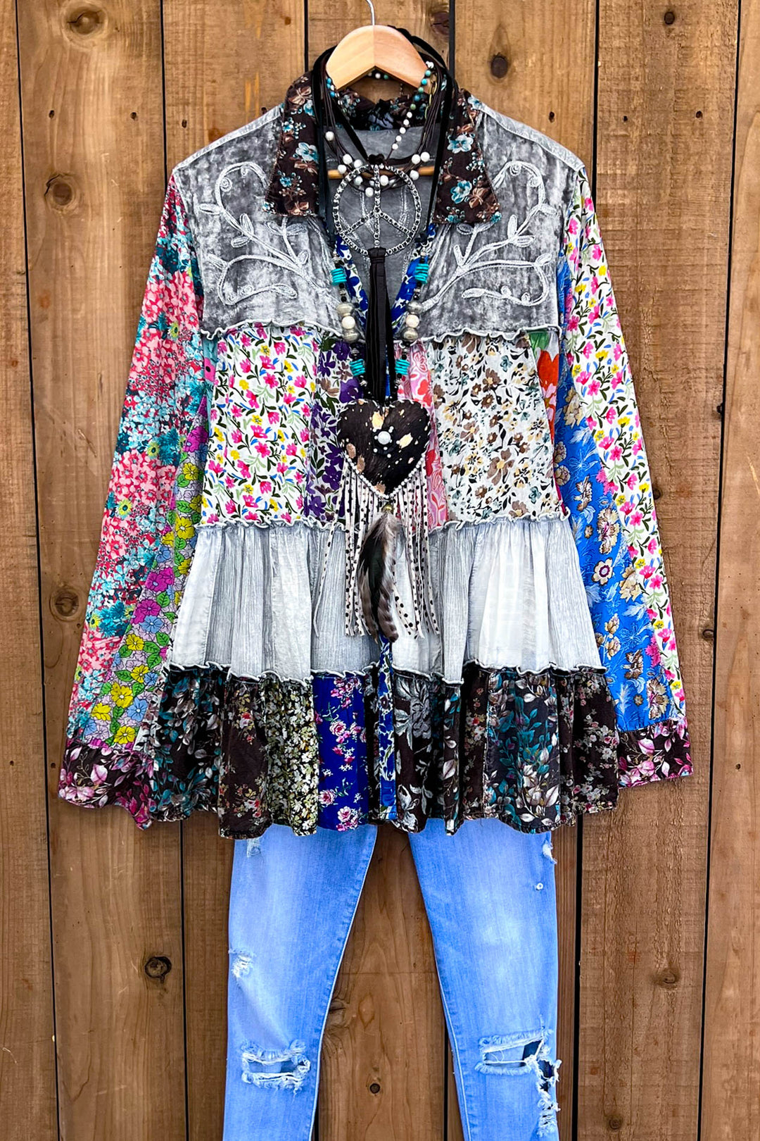 Patchwork Love Soul Tunic - Slate & Multi-Color
