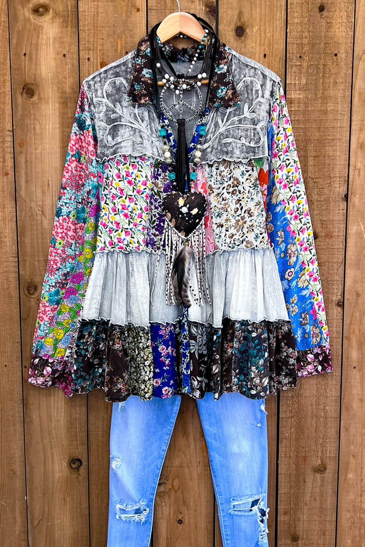 Patchwork Love Soul Tunic - Slate & Multi-Color