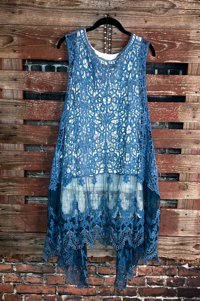 MOON DUSTY TEAL LACE & CROCHET VEST