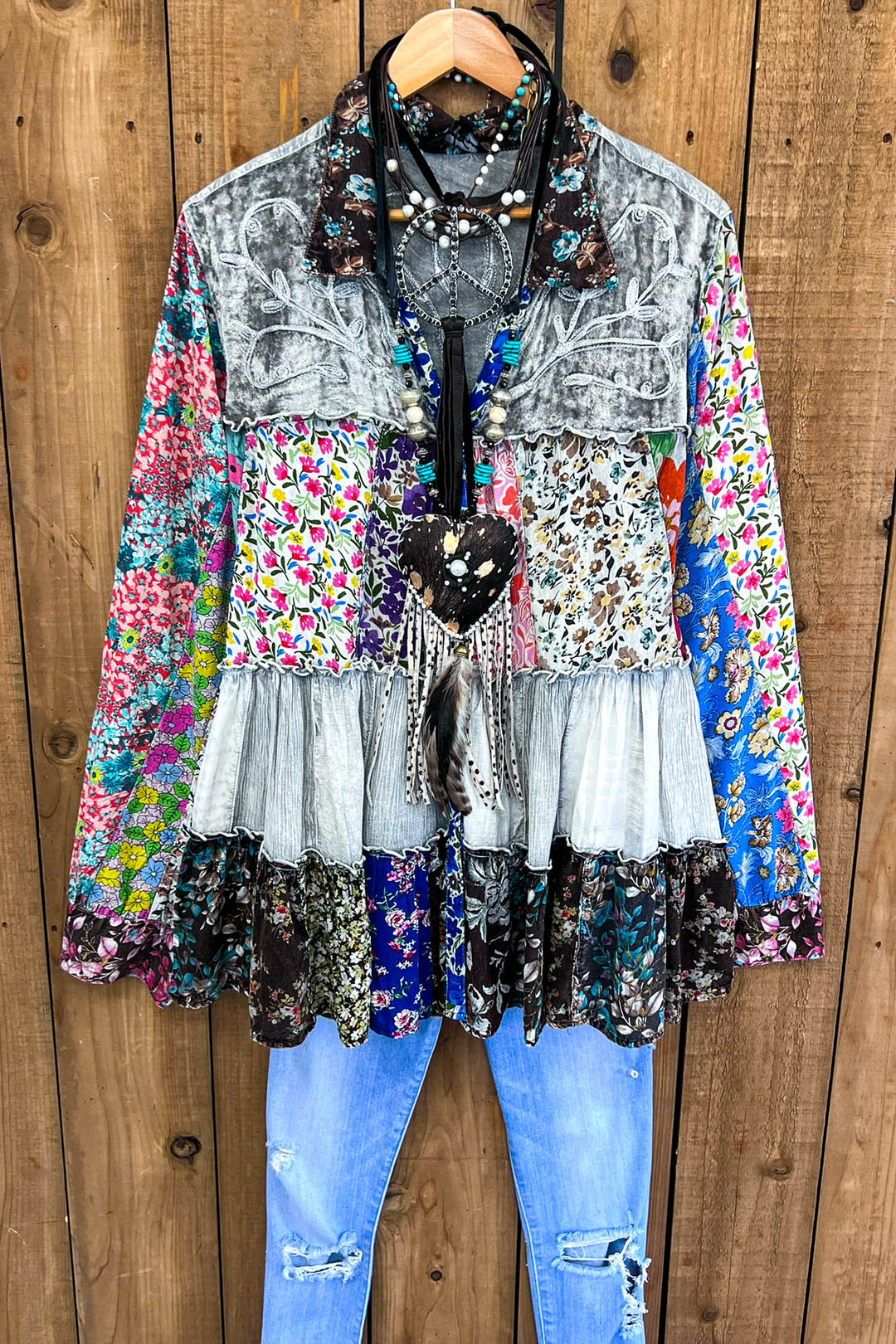Patchwork Love Soul Tunic - Slate & Multi-Color