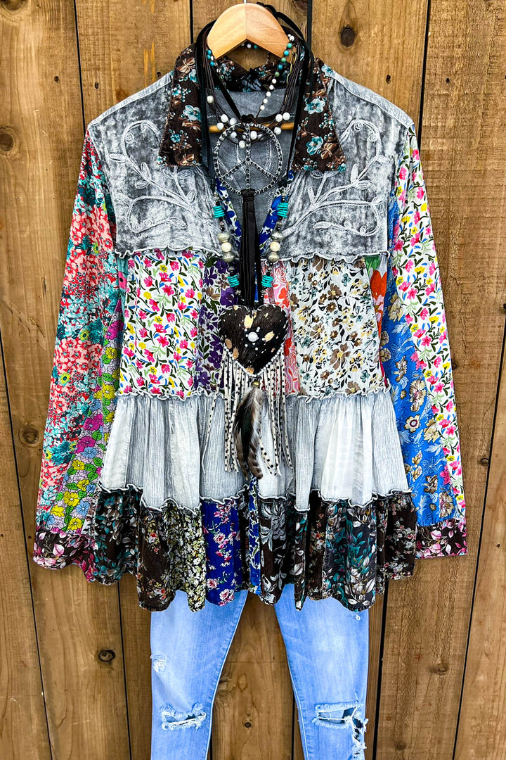 Patchwork Love Soul Tunic - Slate & Multi-Color