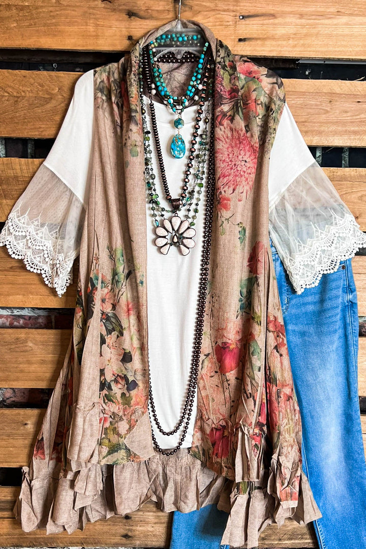 Best of My Love Boho Vintage Inspired Vest Roses & Taupe