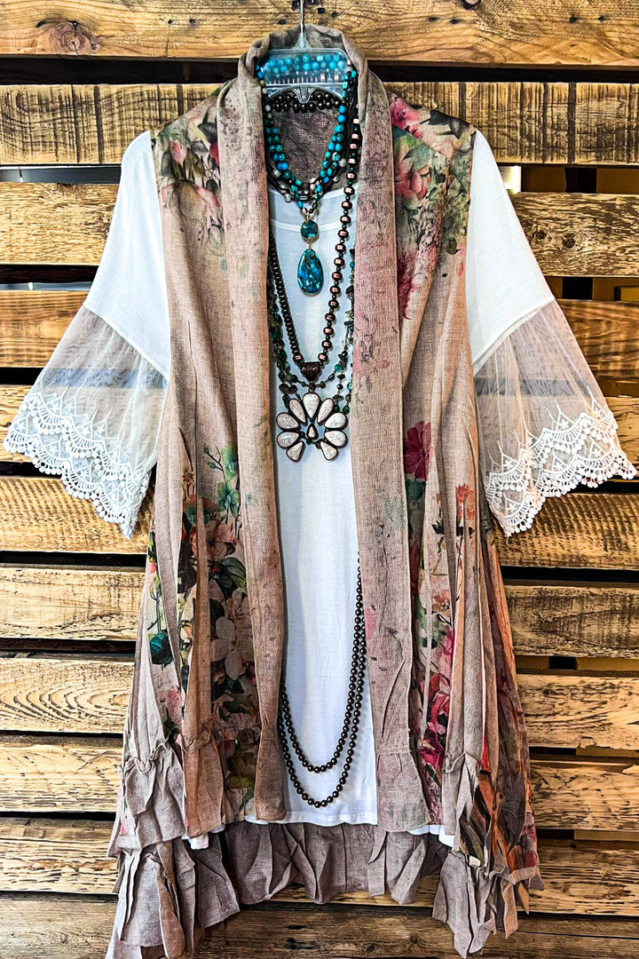 Best of My Love Boho Vintage Inspired Vest Roses & Taupe