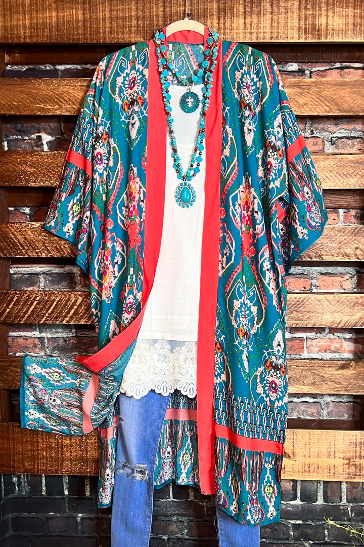 THE SOUL BOHO MAXI KIMONO IN TURQUOISE & MULTI-COLOR