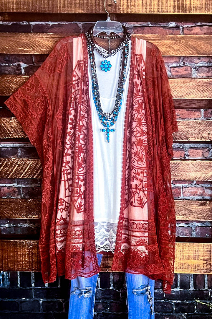 A FABULOUS HEART LACE DUSTER CARDIGAN IN RED RUST