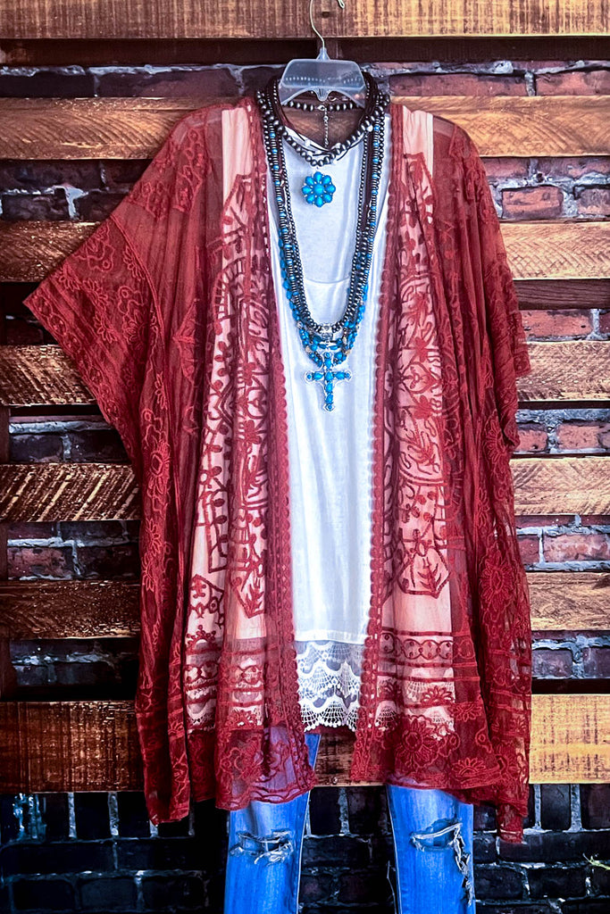 A FABULOUS HEART LACE BURNT RUST DUSTER CARDIGAN