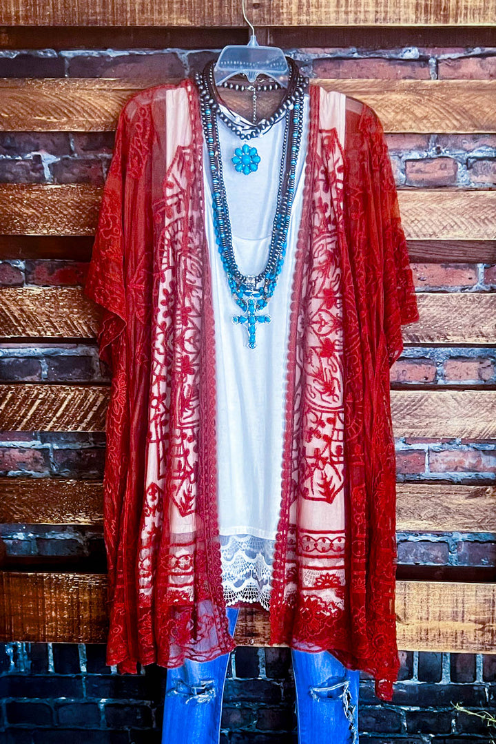 A FABULOUS HEART LACE DUSTER CARDIGAN IN RED RUST