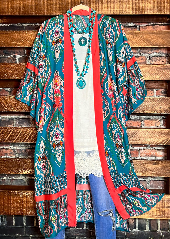 THE SOUL BOHO MAXI KIMONO IN TURQUOISE & MULTI-COLOR