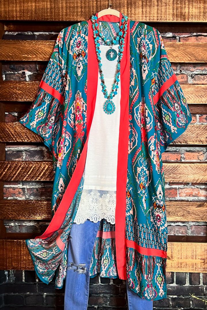 THE SOUL BOHO MAXI KIMONO IN TURQUOISE & MULTI-COLOR