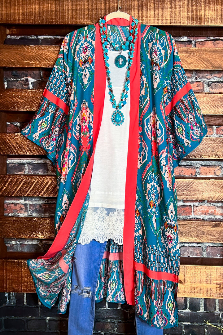 THE SOUL BOHO MAXI KIMONO IN TURQUOISE & MULTI-COLOR