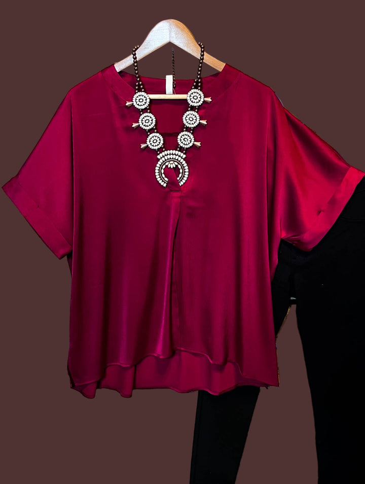 Light Of My Life Burgundy Satin Blouse-------Sale