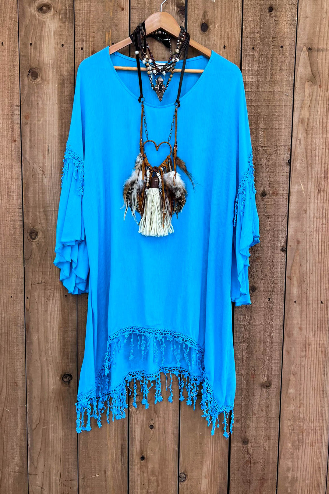 SECRETS OF THE HEART FLORAL FRINGE TUNIC IN TURQUOISE