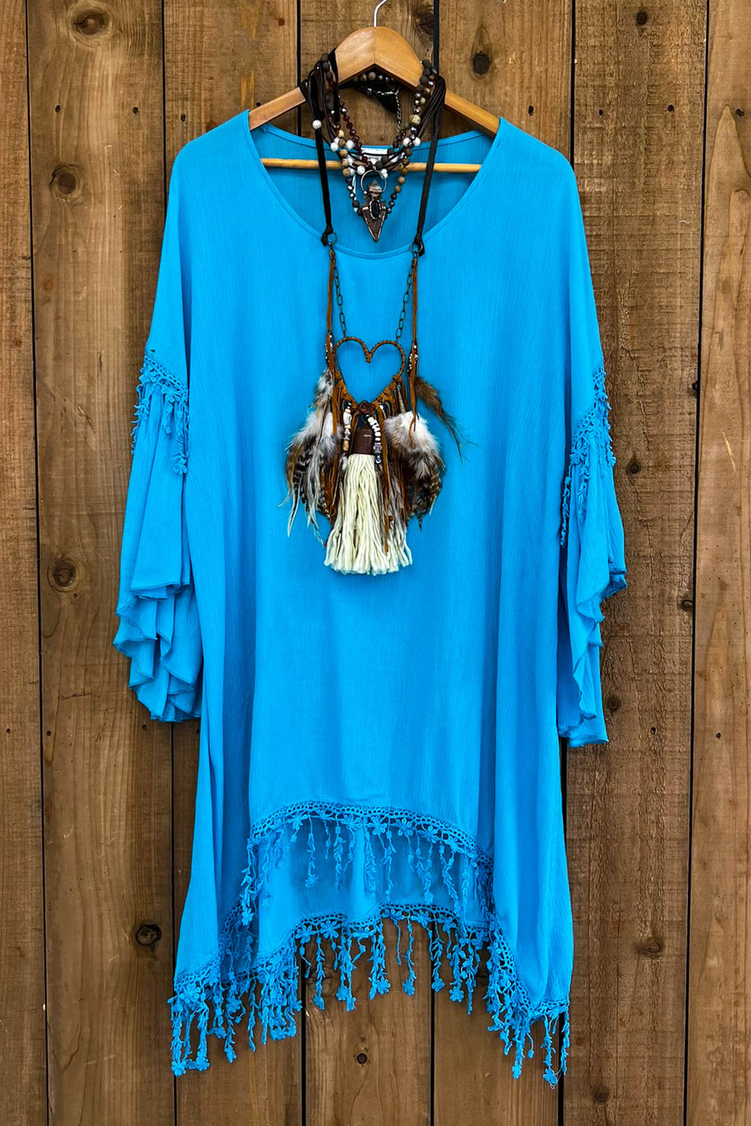 SECRETS OF THE HEART FLORAL FRINGE TUNIC IN TURQUOISE