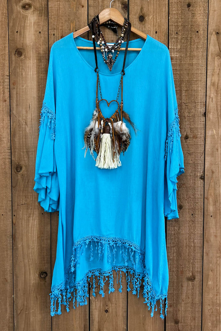 SECRETS OF THE HEART FLORAL FRINGE TUNIC IN TURQUOISE