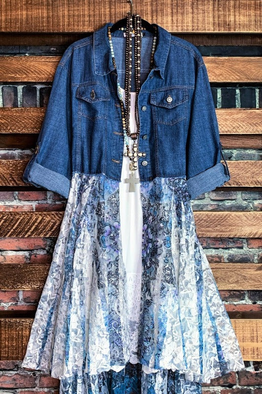 JUST SO PRETTY STYLISH DENIM & BLUE MULTI LACE LONG JACKET