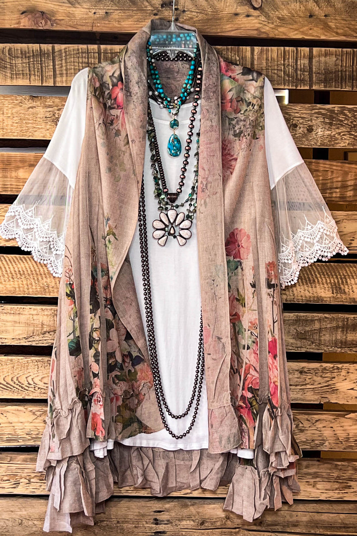 Best of My Love Boho Vintage Inspired Vest Roses & Taupe