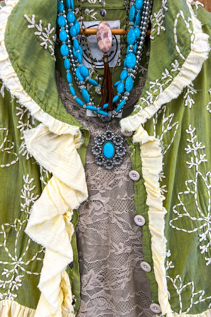 Always in My Dreams Green Embroidery Ruffle Vest