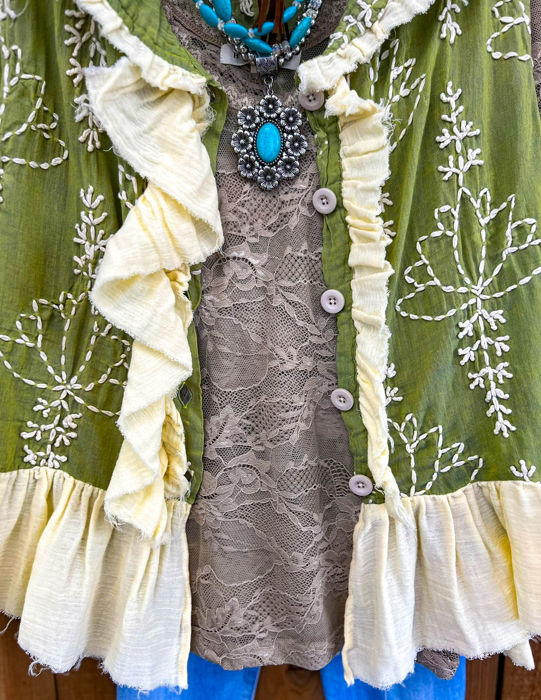 Always in My Dreams Green Embroidery Ruffle Vest