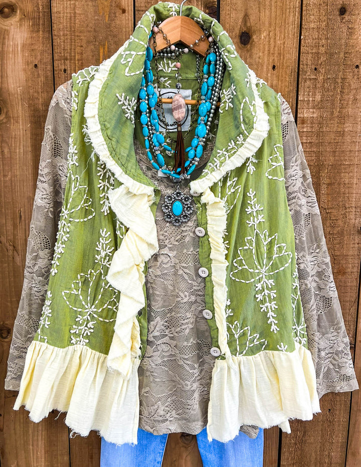 Always in My Dreams Green Embroidery Ruffle Vest