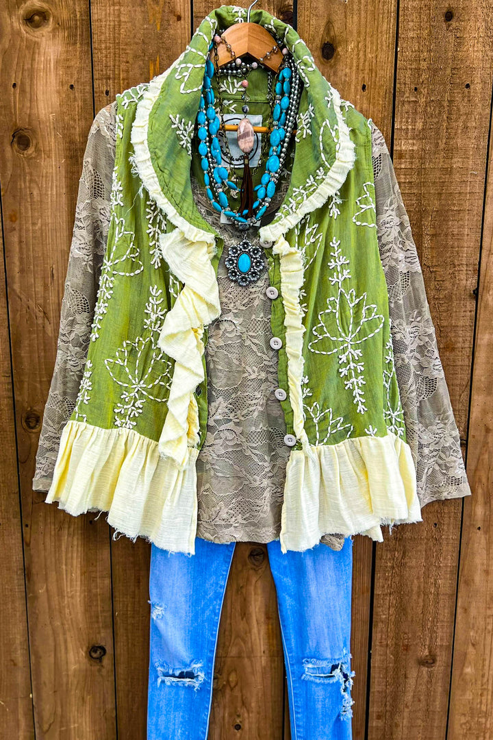 Always in My Dreams Green Embroidery Ruffle Vest