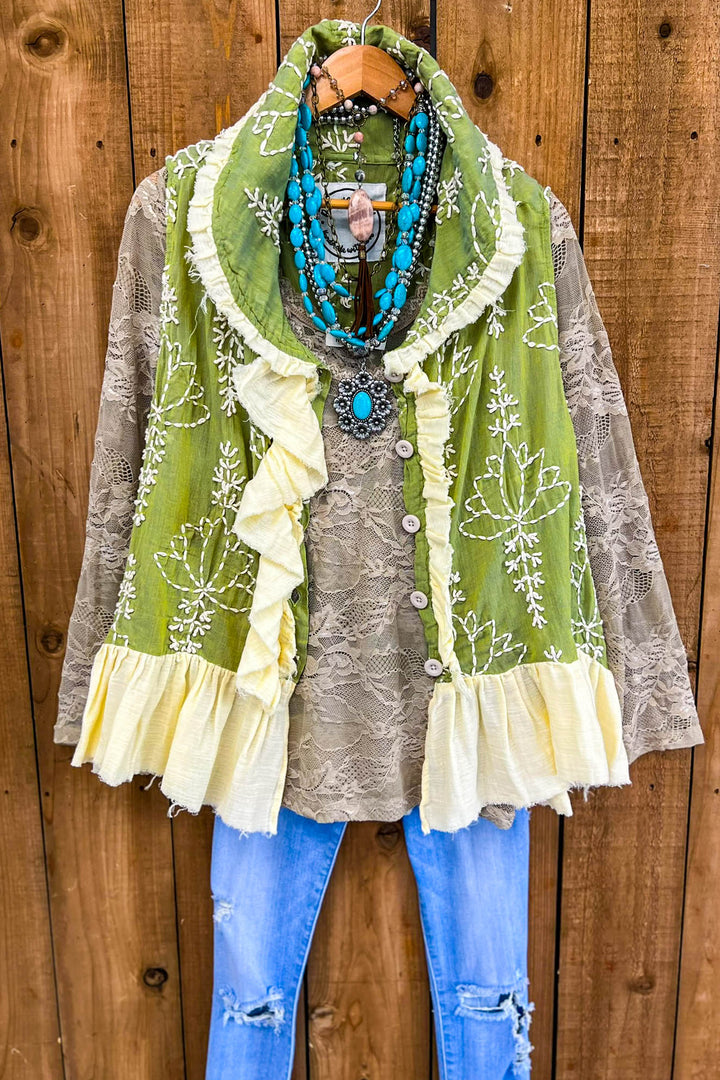 Always in My Dreams Green Embroidery Ruffle Vest