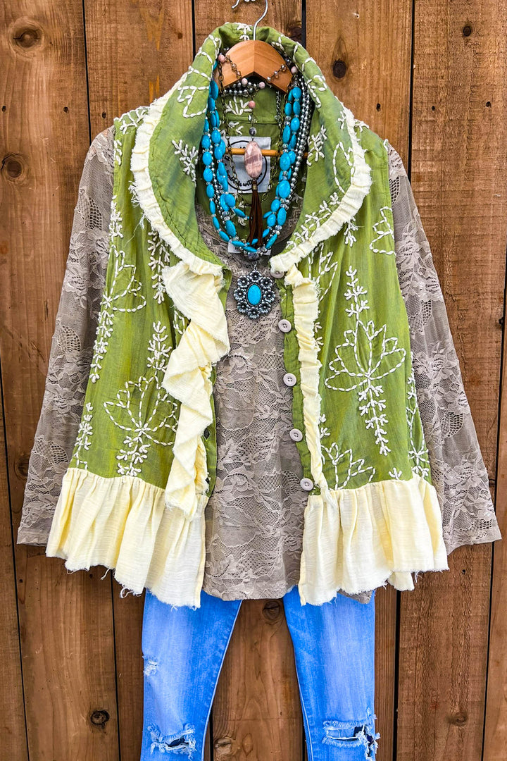 Always in My Dreams Green Embroidery Ruffle Vest