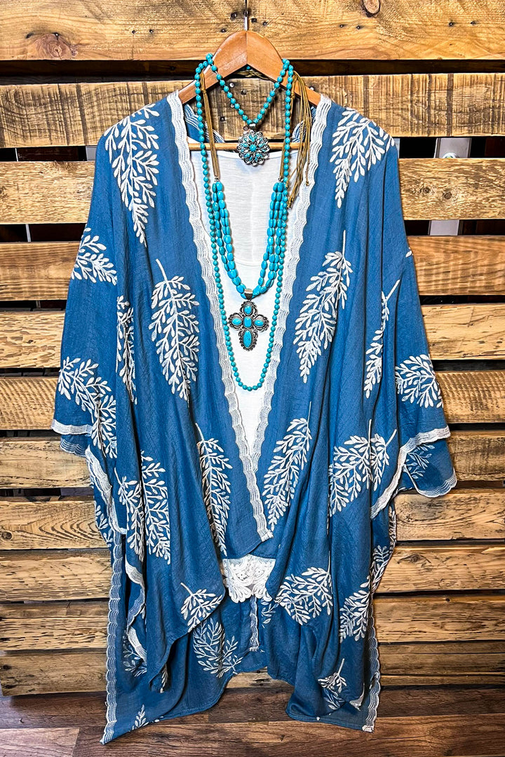 SEA BREEZE ESCAPE RESORT BLUE BOHO EMBROIDERED KIMONO