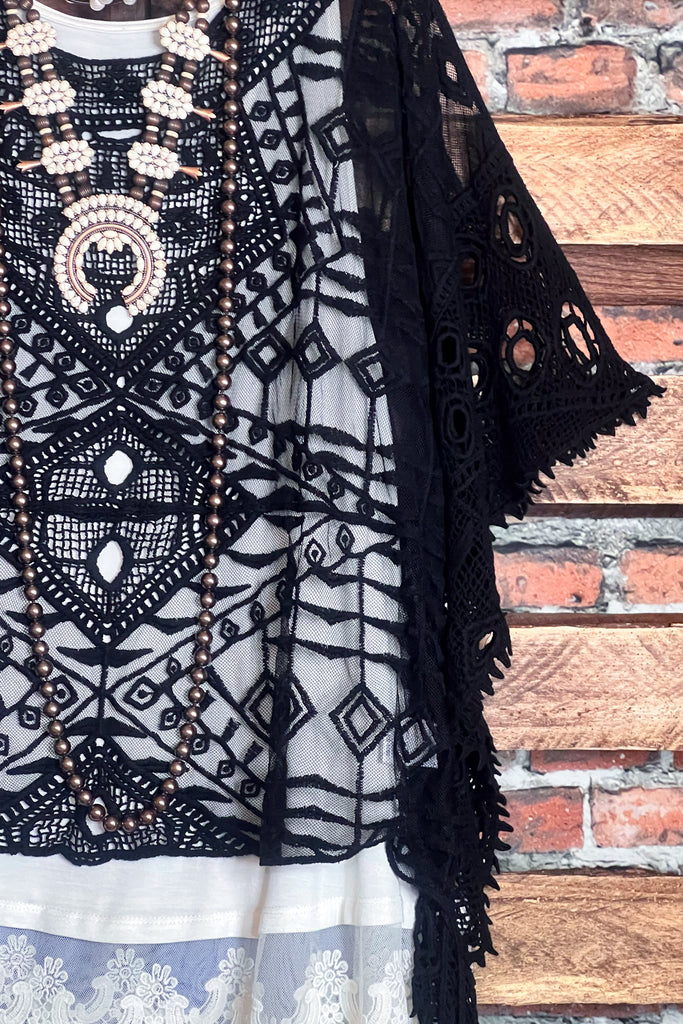 CHARMING AS EVER LACE EMBROIDERED SHEER TOP IN BLACK