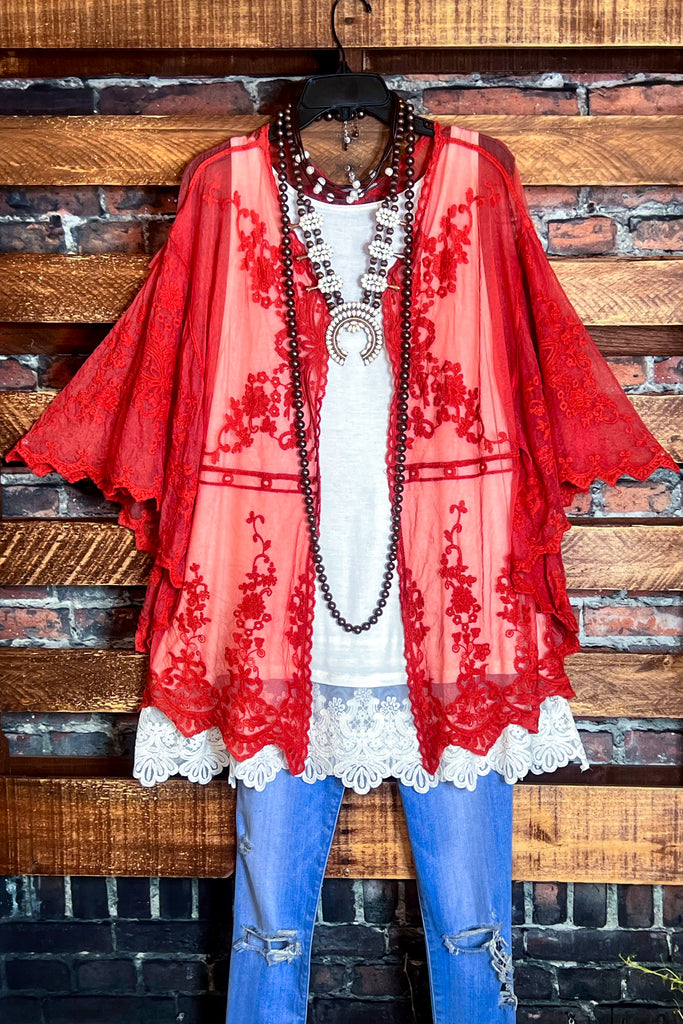 VINTAGE INSPIRED EMBROIDERED LACE KIMONO RUST -----------SALE